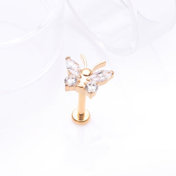 Detail View 1 of Implant Grade Titanium Golden Butterfly Sparkle Internally Threaded Flat Back Stud Labret-Clear Gem